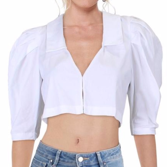 NWT Danielle Berstein Puff Sleeve White Crop Top - Picture 2 of 2